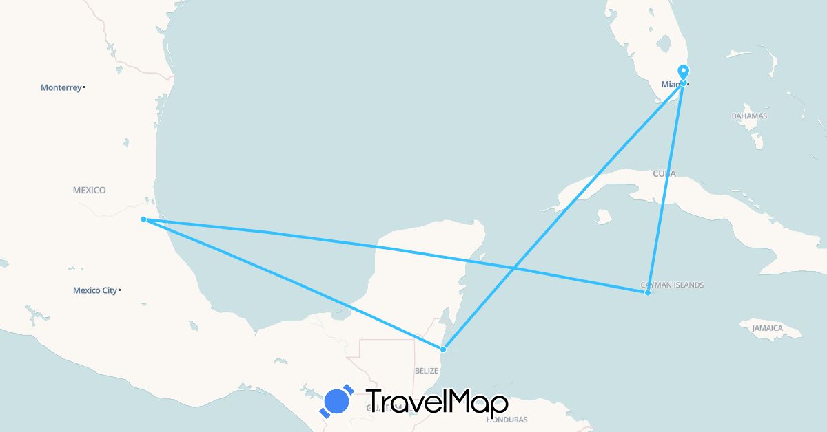 TravelMap itinerary: driving, boat in Belize, Cayman Islands, Mexico, United States (North America)