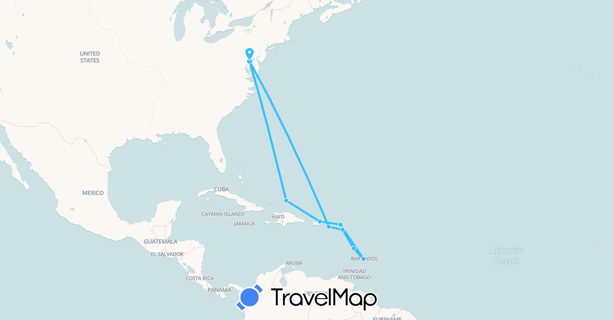 TravelMap itinerary: driving, boat in Barbados, France, Saint Kitts and Nevis, Netherlands, Turks and Caicos Islands, United States (Europe, North America)
