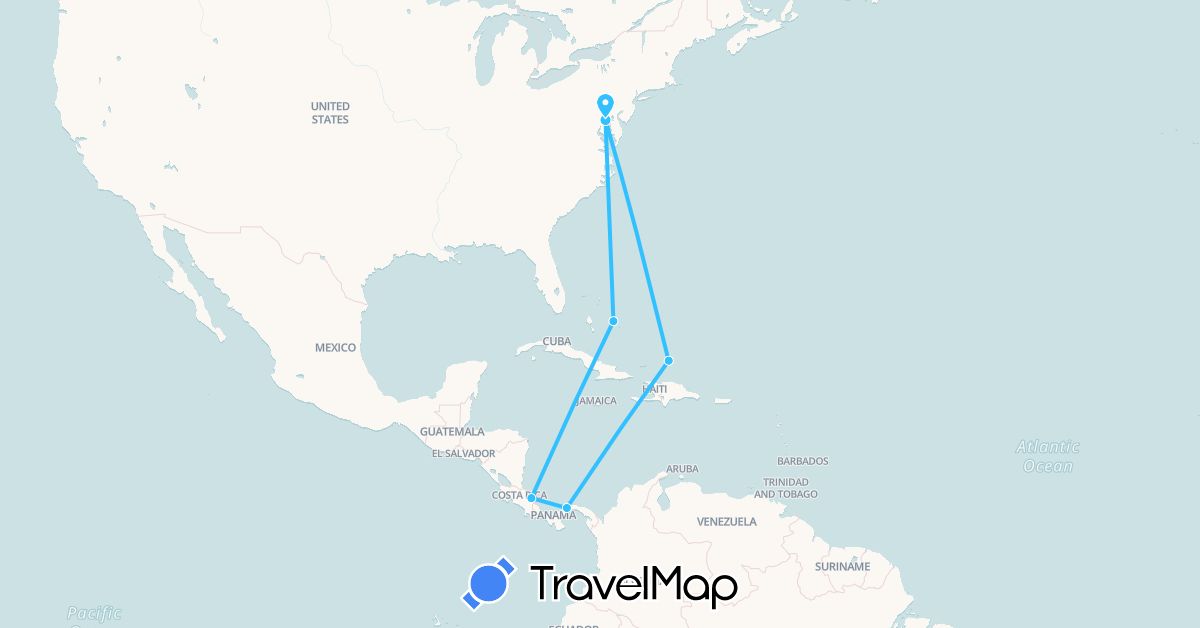 TravelMap itinerary: driving, boat in Bahamas, Costa Rica, Panama, Turks and Caicos Islands, United States (North America)