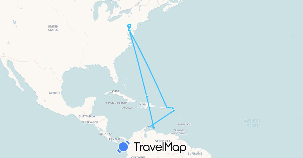 TravelMap itinerary: driving, boat in Aruba, Curaçao, Saint Kitts and Nevis, Netherlands, Turks and Caicos Islands, United States, U.S. Virgin Islands (Europe, North America, South America)